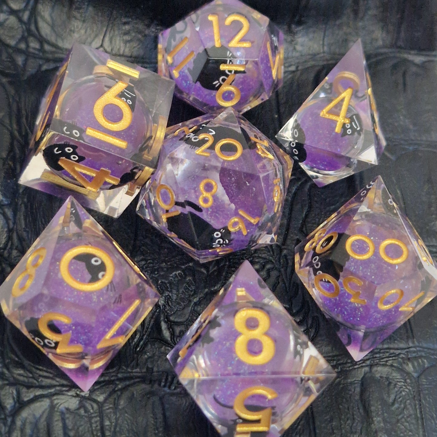 Cat Dragon Eye Dice | 7 Multi Sided Polyhedral Dice | Purple